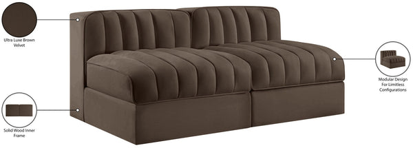 Meridian Furniture Rummi Channel Tufted Modular Loveseat in Stain Resistant Performance Velvet for Modern Living Brown 58 inches 660Brown-S58