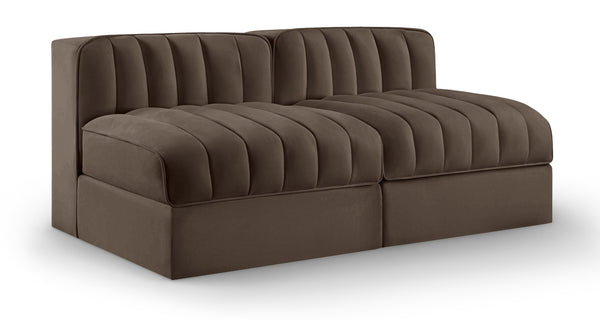 Meridian Furniture Rummi Channel Tufted Modular Loveseat in Stain Resistant Performance Velvet for Modern Living Brown 58 inches 660Brown-S58