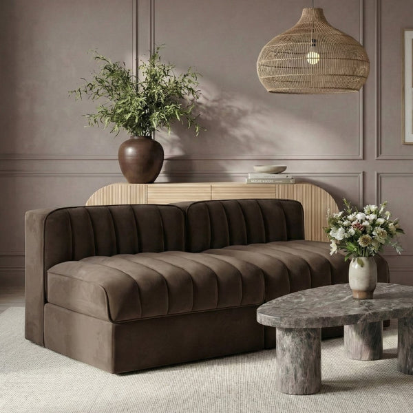 Meridian Furniture Rummi Channel Tufted Modular Loveseat in Stain Resistant Performance Velvet for Modern Living Brown 58 inches 660Brown-S58