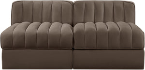 Meridian Furniture Rummi Channel Tufted Modular Loveseat in Stain Resistant Performance Velvet for Modern Living Brown 58 inches 660Brown-S58