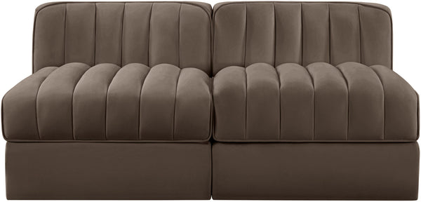 Meridian Furniture Rummi Channel Tufted Modular Loveseat in Stain Resistant Performance Velvet for Modern Living Brown 58 inches 660Brown-S58