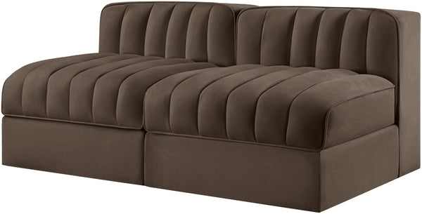 Meridian Furniture Rummi Channel Tufted Modular Loveseat in Stain Resistant Performance Velvet for Modern Living Brown 58 inches 660Brown-S58