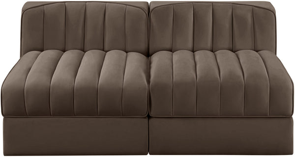 Meridian Furniture Rummi Channel Tufted Modular Loveseat in Stain Resistant Performance Velvet for Modern Living Brown 58 inches 660Brown-S58