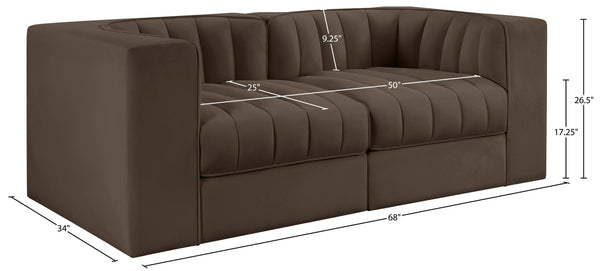 Meridian Furniture Rummi Channel Tufted Modular Loveseat in Stain Resistant Performance Velvet for Modern Living Brown 68 inches 660Brown-S68