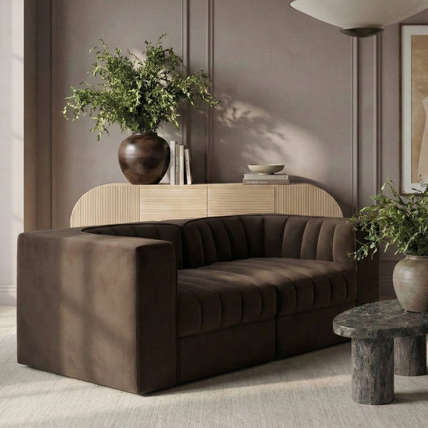 Meridian Furniture Rummi Channel Tufted Modular Loveseat in Stain Resistant Performance Velvet for Modern Living Brown 68 inches 660Brown-S68