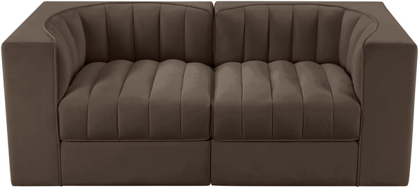 Meridian Furniture Rummi Channel Tufted Modular Loveseat in Stain Resistant Performance Velvet for Modern Living Brown 68 inches 660Brown-S68