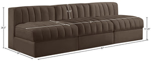 Meridian Furniture Rummi Three Piece Modular Sofa with Channel Tufted Brown Velvet Performance Fabric 660Brown-S87