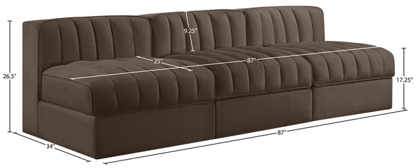 Meridian Furniture Rummi Three Piece Modular Sofa with Channel Tufted Brown Velvet Performance Fabric 660Brown-S87