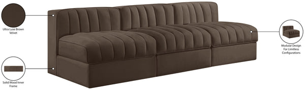 Meridian Furniture Rummi Three Piece Modular Sofa with Channel Tufted Brown Velvet Performance Fabric 660Brown-S87