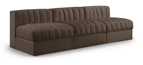 Meridian Furniture Rummi Three Piece Modular Sofa with Channel Tufted Brown Velvet Performance Fabric 660Brown-S87