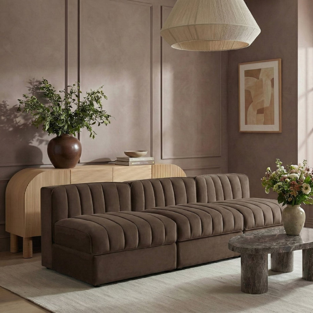 Meridian Furniture Rummi Three Piece Modular Sofa with Channel Tufted Brown Velvet Performance Fabric 660Brown-S87