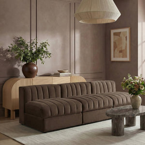 Meridian Furniture Rummi Three Piece Modular Sofa with Channel Tufted Brown Velvet Performance Fabric 660Brown-S87