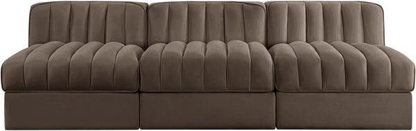 Meridian Furniture Rummi Three Piece Modular Sofa with Channel Tufted Brown Velvet Performance Fabric 660Brown-S87