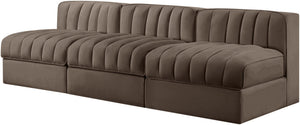 Meridian Furniture Rummi Three Piece Modular Sofa with Channel Tufted Brown Velvet Performance Fabric 660Brown-S87