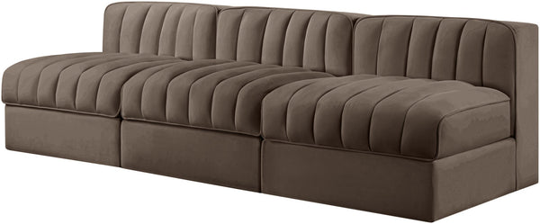 Meridian Furniture Rummi Three Piece Modular Sofa with Channel Tufted Brown Velvet Performance Fabric 660Brown-S87