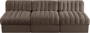 Meridian Furniture Rummi Three Piece Modular Sofa with Channel Tufted Brown Velvet Performance Fabric 660Brown-S87