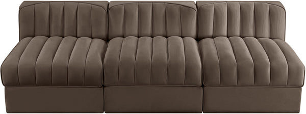 Meridian Furniture Rummi Three Piece Modular Sofa with Channel Tufted Brown Velvet Performance Fabric 660Brown-S87