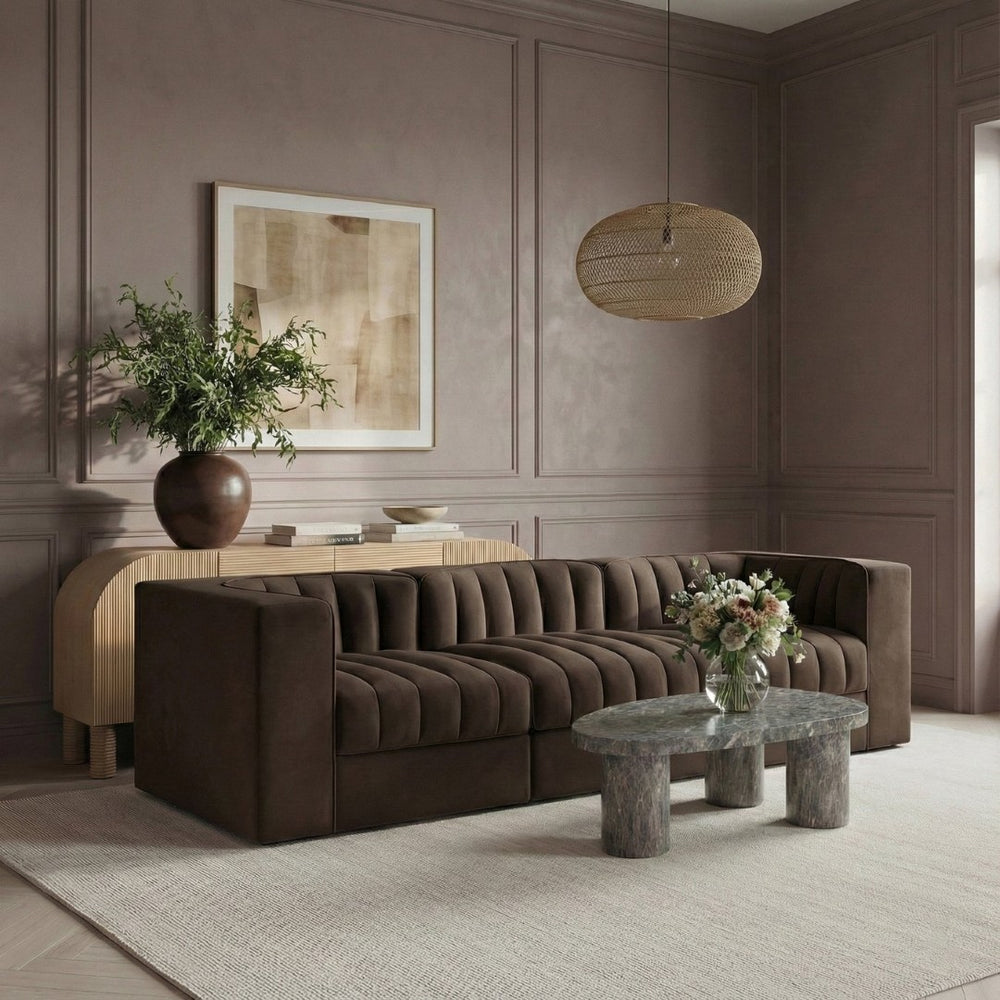 Meridian Furniture Rummi Channel Tufted Modular Sofa in Stain Resistant Brown Velvet for Living Rooms 660Brown-S97