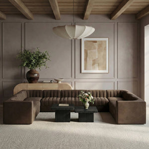 Meridian Furniture Rummi Channel Tufted Velvet 10 Piece Modular Sectional for Open Living Spaces 660Brown-Sec10A