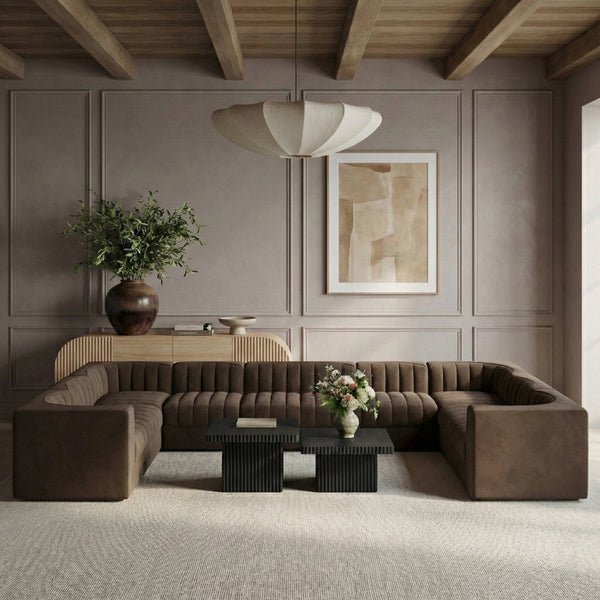 Meridian Furniture Rummi Channel Tufted Velvet 10 Piece Modular Sectional for Open Living Spaces 660Brown-Sec10A