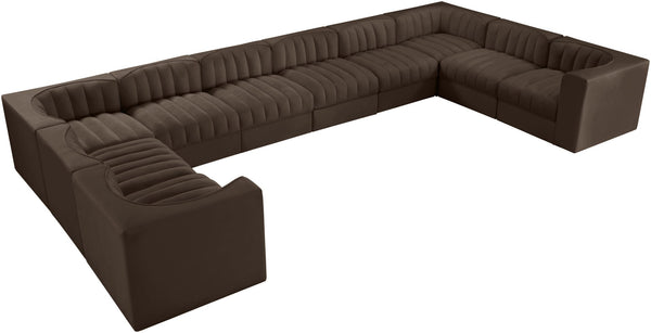 Meridian Furniture Rummi Channel Tufted Velvet 10 Piece Modular Sectional for Open Living Spaces 660Brown-Sec10A