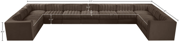 Meridian Furniture Rummi 11 Piece Modular Sectional Brown Velvet Channel Tufted Low Profile Living Room 660Brown-Sec11A