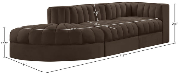 Meridian Furniture Rummi Channel Tufted Velvet Modular Sectional Sofa with Solid Wood Frame for Modern Living Brown 660Brown-Sec3A