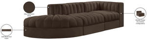 Meridian Furniture Rummi Channel Tufted Velvet Modular Sectional Sofa with Solid Wood Frame for Modern Living Brown 660Brown-Sec3A