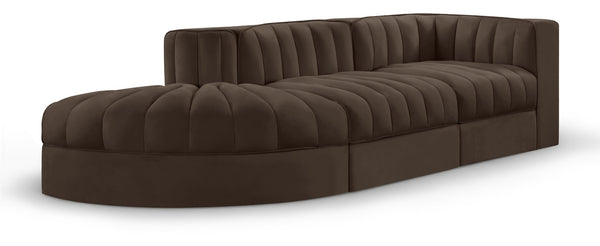 Meridian Furniture Rummi Channel Tufted Velvet Modular Sectional Sofa with Solid Wood Frame for Modern Living Brown 660Brown-Sec3A