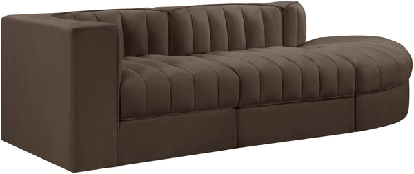 Meridian Furniture Rummi Channel Tufted Velvet Modular Sectional Sofa with Solid Wood Frame for Modern Living Brown 660Brown-Sec3A