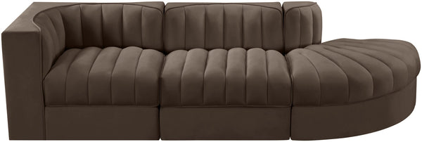 Meridian Furniture Rummi Channel Tufted Velvet Modular Sectional Sofa with Solid Wood Frame for Modern Living Brown 660Brown-Sec3A