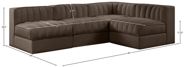 Meridian Furniture Rummi Four Piece Modular Sectional Brown Velvet Channel Tufted Contemporary Sofa 660Brown-Sec4A