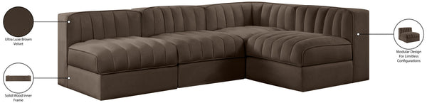 Meridian Furniture Rummi Four Piece Modular Sectional Brown Velvet Channel Tufted Contemporary Sofa 660Brown-Sec4A