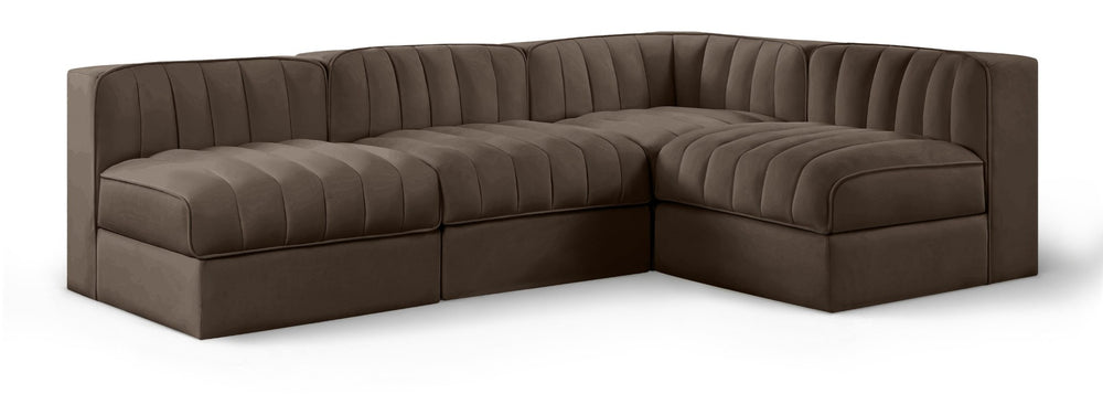 Meridian Furniture Rummi Four Piece Modular Sectional Brown Velvet Channel Tufted Contemporary Sofa 660Brown-Sec4A