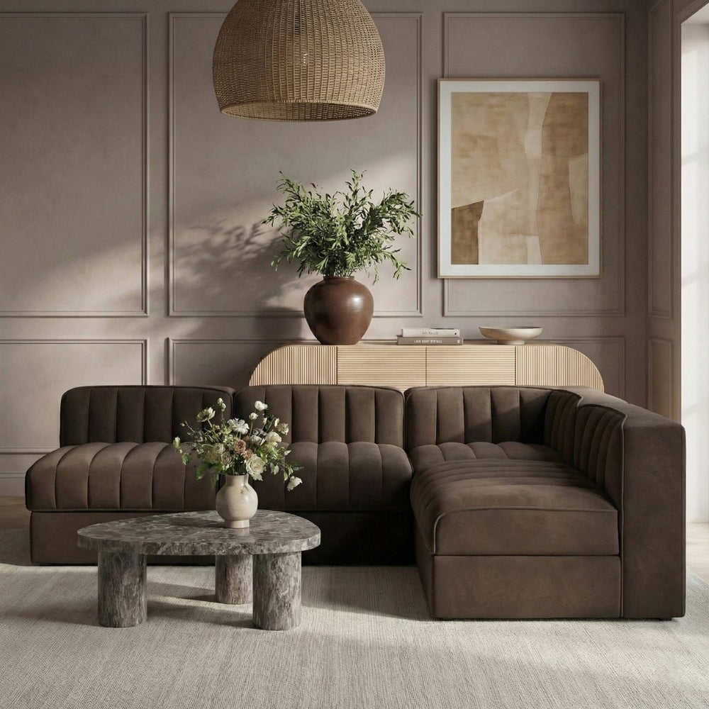 Meridian Furniture Rummi Four Piece Modular Sectional Brown Velvet Channel Tufted Contemporary Sofa 660Brown-Sec4A