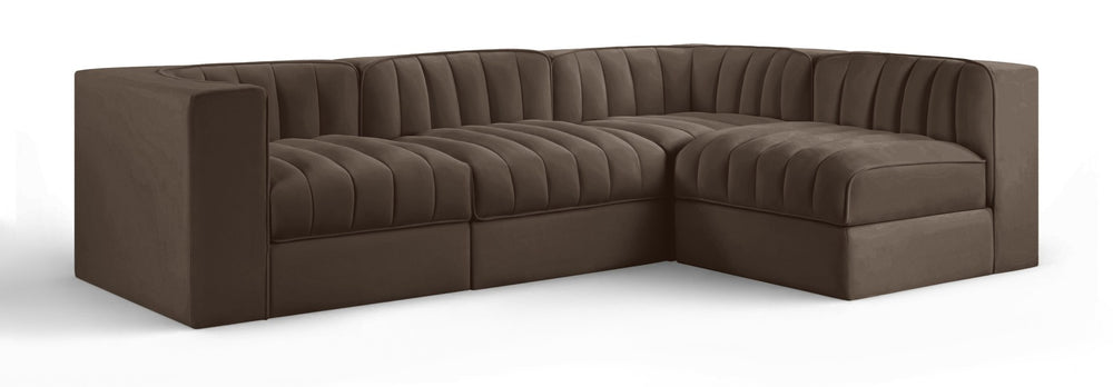 Meridian Furniture Rummi Channel Tufted Brown Velvet Modular Sectional with Four Piece Configuration 660Brown-Sec4B