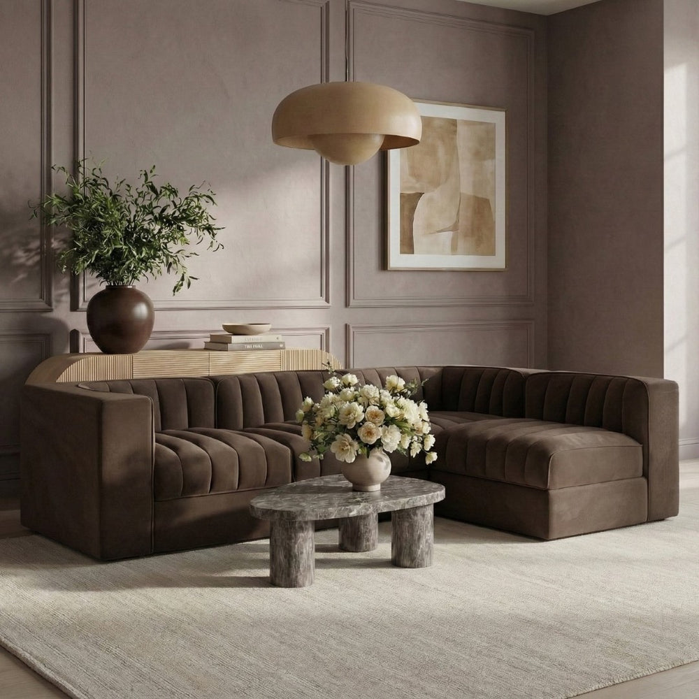 Meridian Furniture Rummi Channel Tufted Brown Velvet Modular Sectional with Four Piece Configuration 660Brown-Sec4B