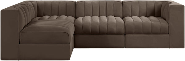 Meridian Furniture Rummi Channel Tufted Brown Velvet Modular Sectional with Four Piece Configuration 660Brown-Sec4B