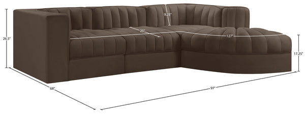 Meridian Furniture Rummi Four Piece Modular Sectional Brown Velvet Channel Tufted Living Room Sofa 660Brown-Sec4C
