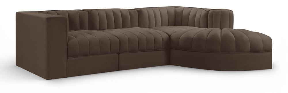 Meridian Furniture Rummi Four Piece Modular Sectional Brown Velvet Channel Tufted Living Room Sofa 660Brown-Sec4C