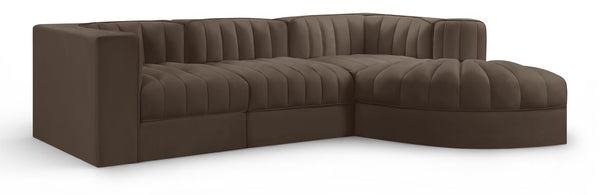Meridian Furniture Rummi Four Piece Modular Sectional Brown Velvet Channel Tufted Living Room Sofa 660Brown-Sec4C