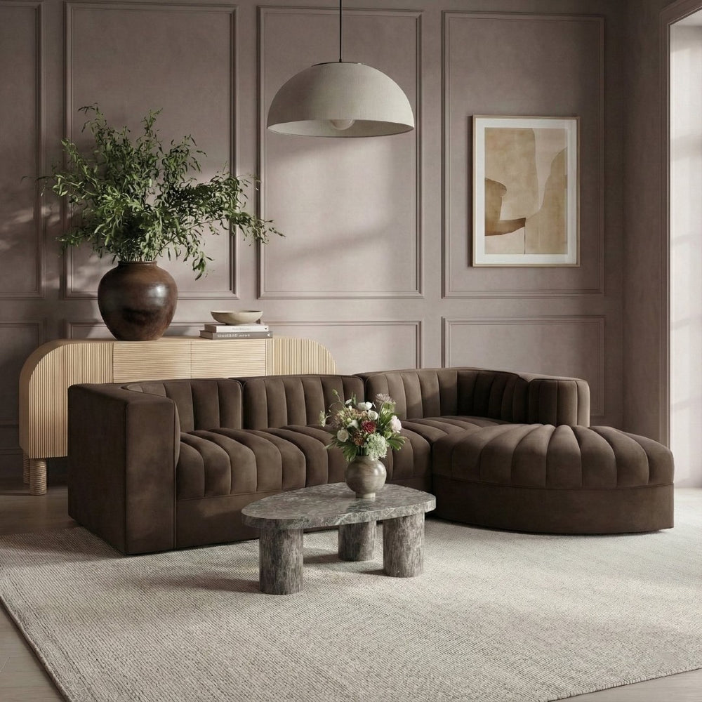 Meridian Furniture Rummi Four Piece Modular Sectional Brown Velvet Channel Tufted Living Room Sofa 660Brown-Sec4C