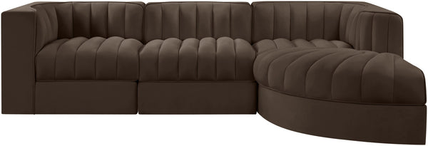 Meridian Furniture Rummi Four Piece Modular Sectional Brown Velvet Channel Tufted Living Room Sofa 660Brown-Sec4C