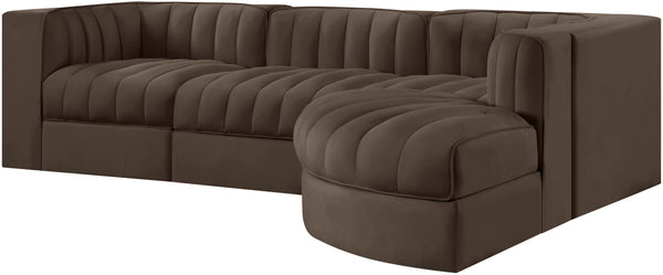 Meridian Furniture Rummi Four Piece Modular Sectional Brown Velvet Channel Tufted Living Room Sofa 660Brown-Sec4C