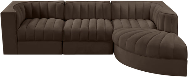Meridian Furniture Rummi Four Piece Modular Sectional Brown Velvet Channel Tufted Living Room Sofa 660Brown-Sec4C