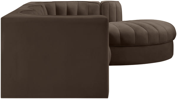 Meridian Furniture Rummi Four Piece Modular Sectional Brown Velvet Channel Tufted Living Room Sofa 660Brown-Sec4C