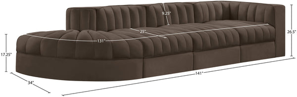 Meridian Furniture Rummi Four Piece Modular Sectional Brown Velvet Channel Tufted Low Profile Sofa 660Brown-Sec4D