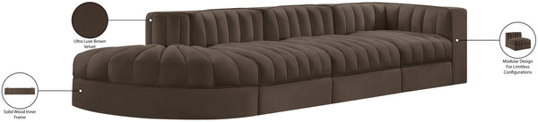 Meridian Furniture Rummi Four Piece Modular Sectional Brown Velvet Channel Tufted Low Profile Sofa 660Brown-Sec4D