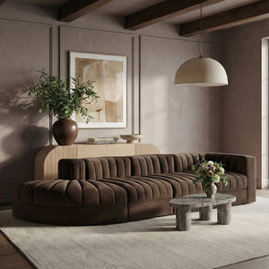 Meridian Furniture Rummi Four Piece Modular Sectional Brown Velvet Channel Tufted Low Profile Sofa 660Brown-Sec4D