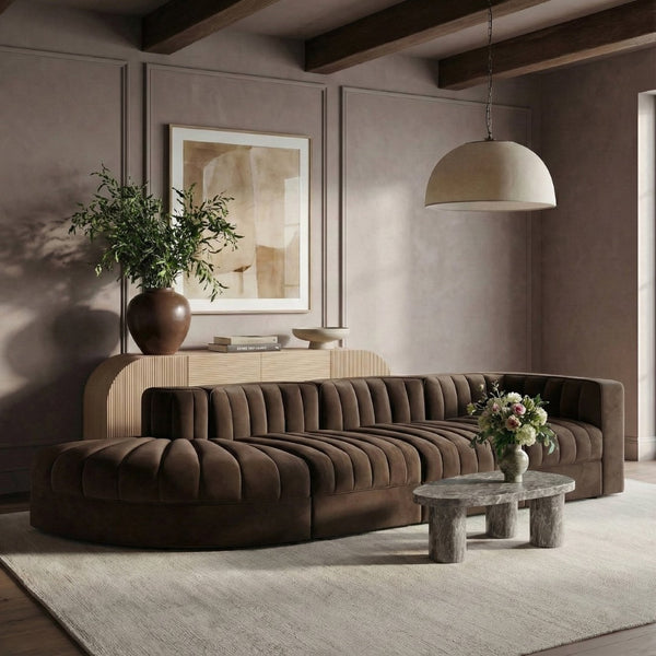 Meridian Furniture Rummi Four Piece Modular Sectional Brown Velvet Channel Tufted Low Profile Sofa 660Brown-Sec4D